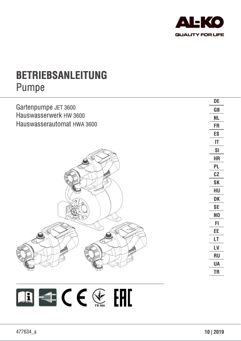 Page n°1 - Manuel utilisateur AL-KO HW 3600