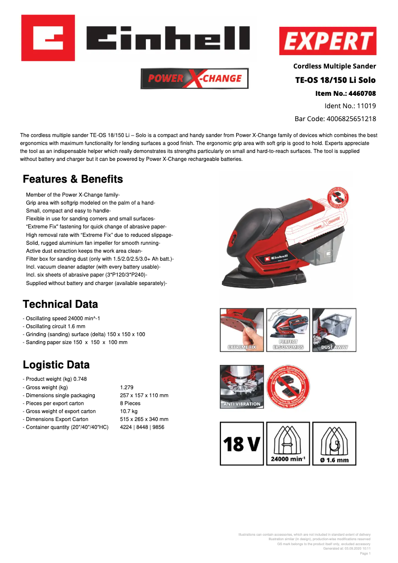 Page n°1 - Fiche technique Einhell TE-OS 18/150 Li Solo