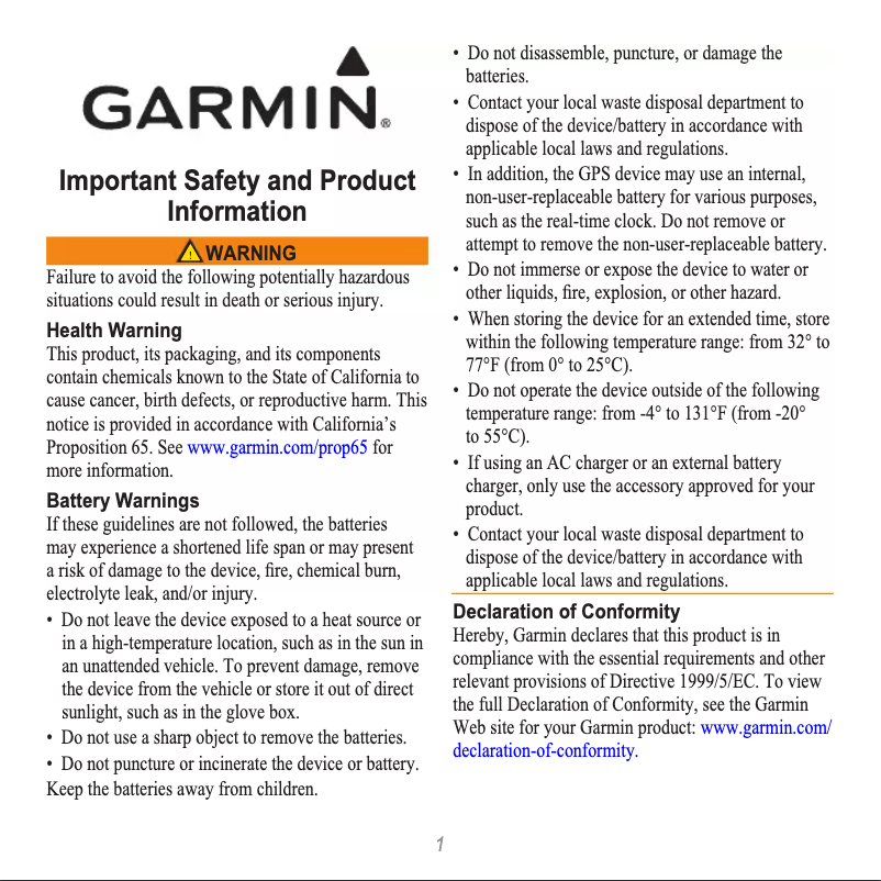Page n°1 - Instructions de sécurité Garmin GTU 10
