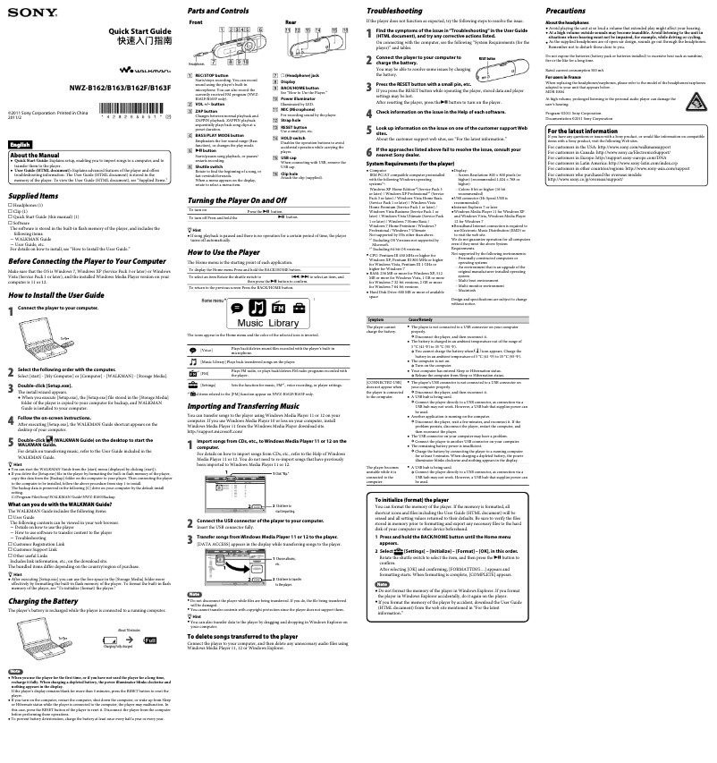Page n°1 - Manuel utilisateur Sony NWZ-B163F