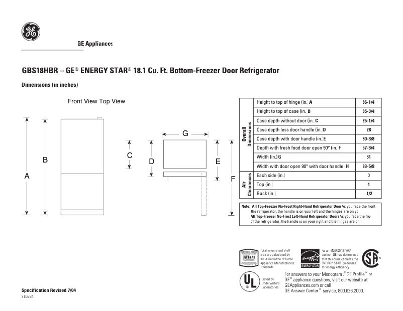 Page n°1 - Fiche technique GE GBS18HBRWW