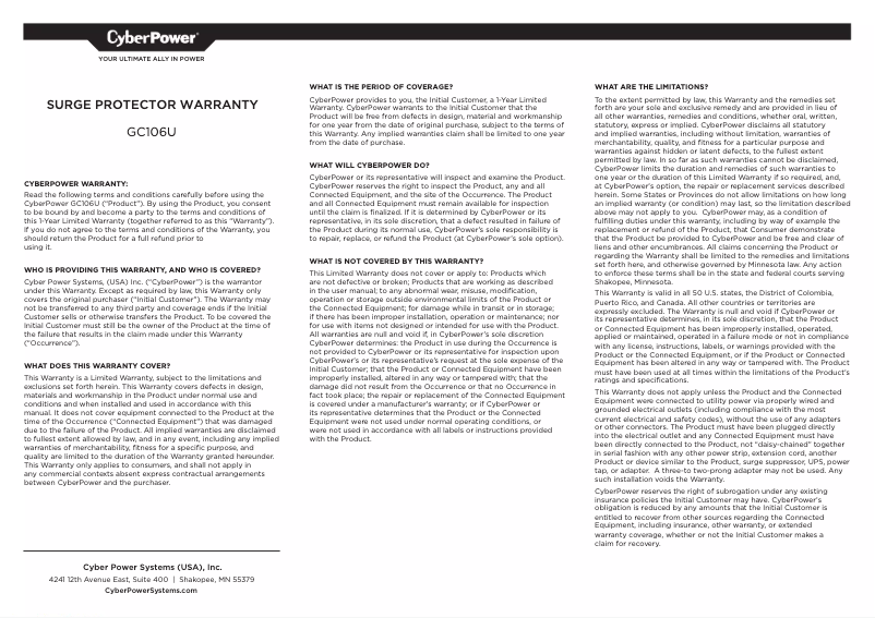 Page 1 de la notice Informations de garantie CyberPower GC106U