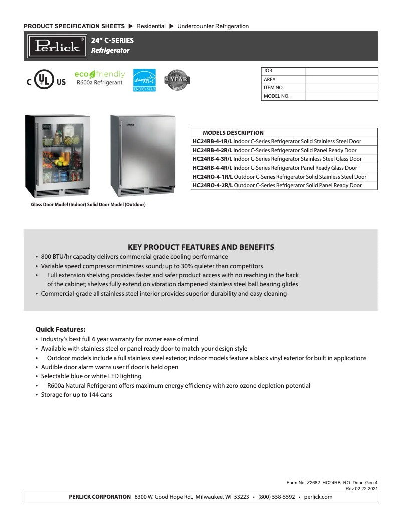 Page n°1 - Fiche technique Perlick HC24RB-4-3R
