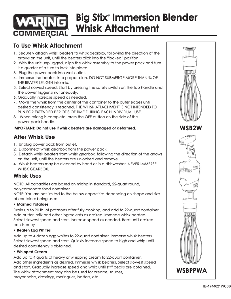 Page n°1 - Manuel utilisateur Waring Commercial Big Stix WSBPPWA