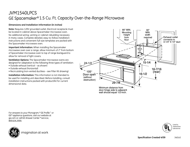Página 1 del manual Ficha técnica GE Spacemaker JVM1540LPCS