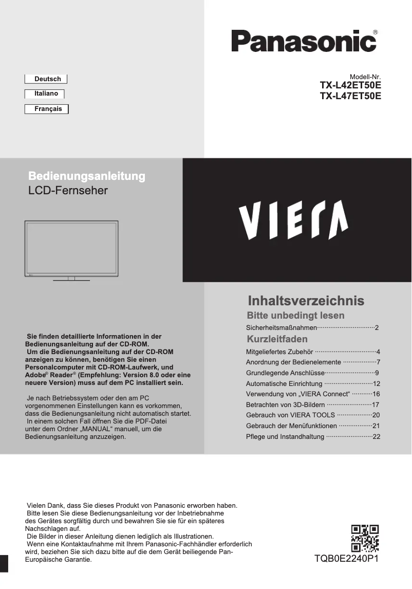 Page 1 de la notice Manuel utilisateur Panasonic TX-L42ET50