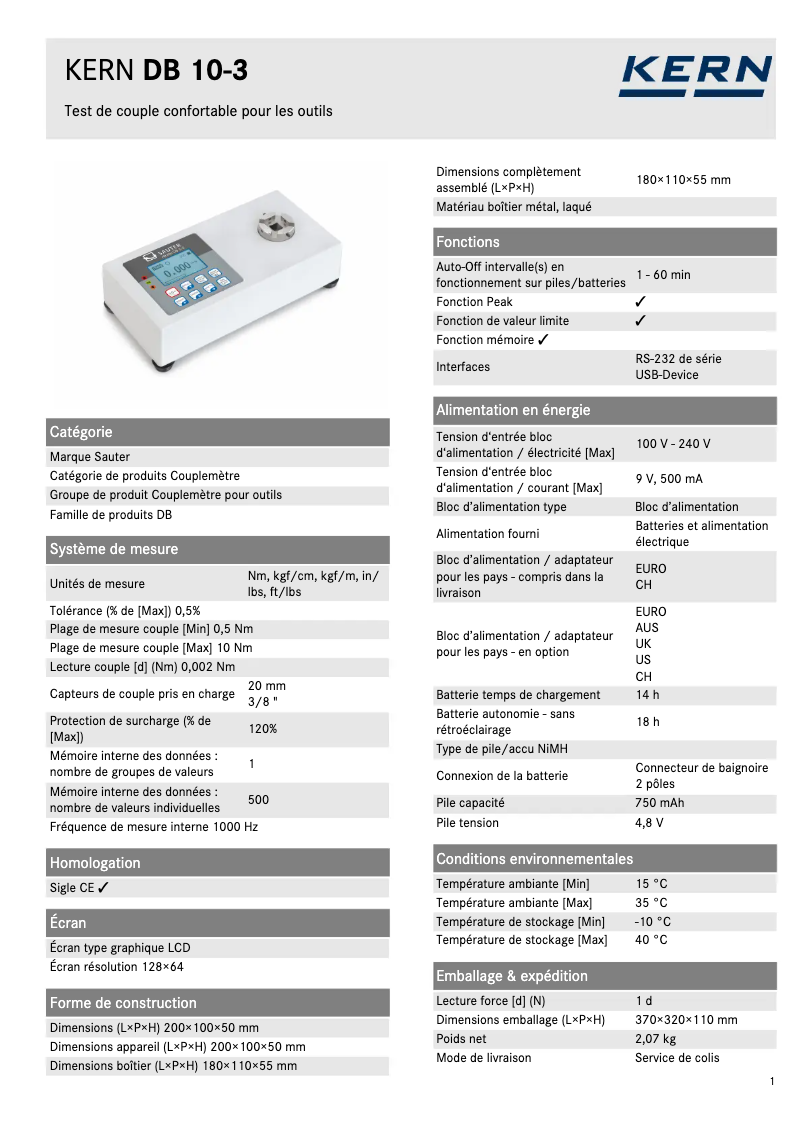 Page n°1 - Fiche technique Kern DB 10-3