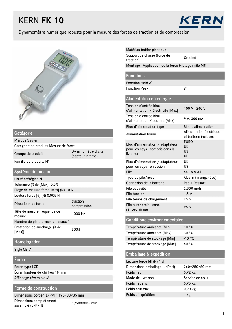 Page 1 de la notice Fiche technique Kern FK 10