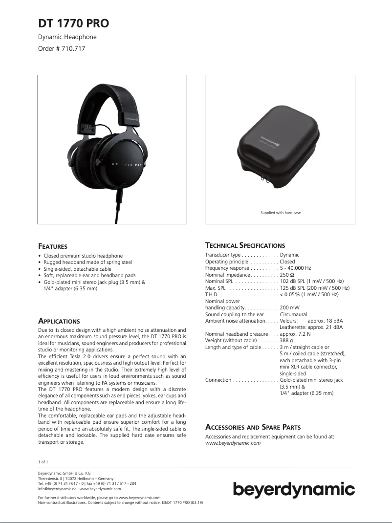 Page n°1 - Fiche technique Beyerdynamic DT 1770 PRO