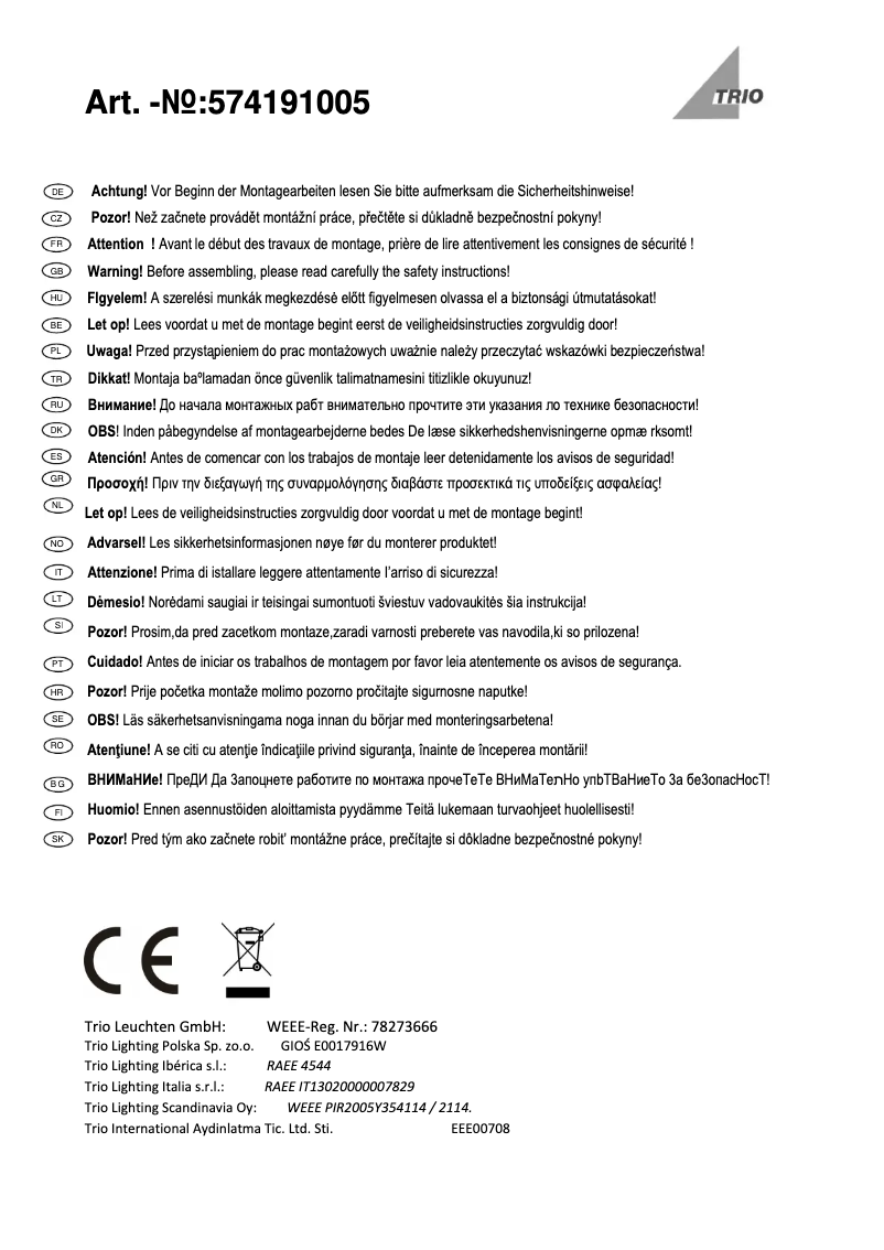 Page 1 de la notice Manuel utilisateur Trio Lighting Marius 574191005