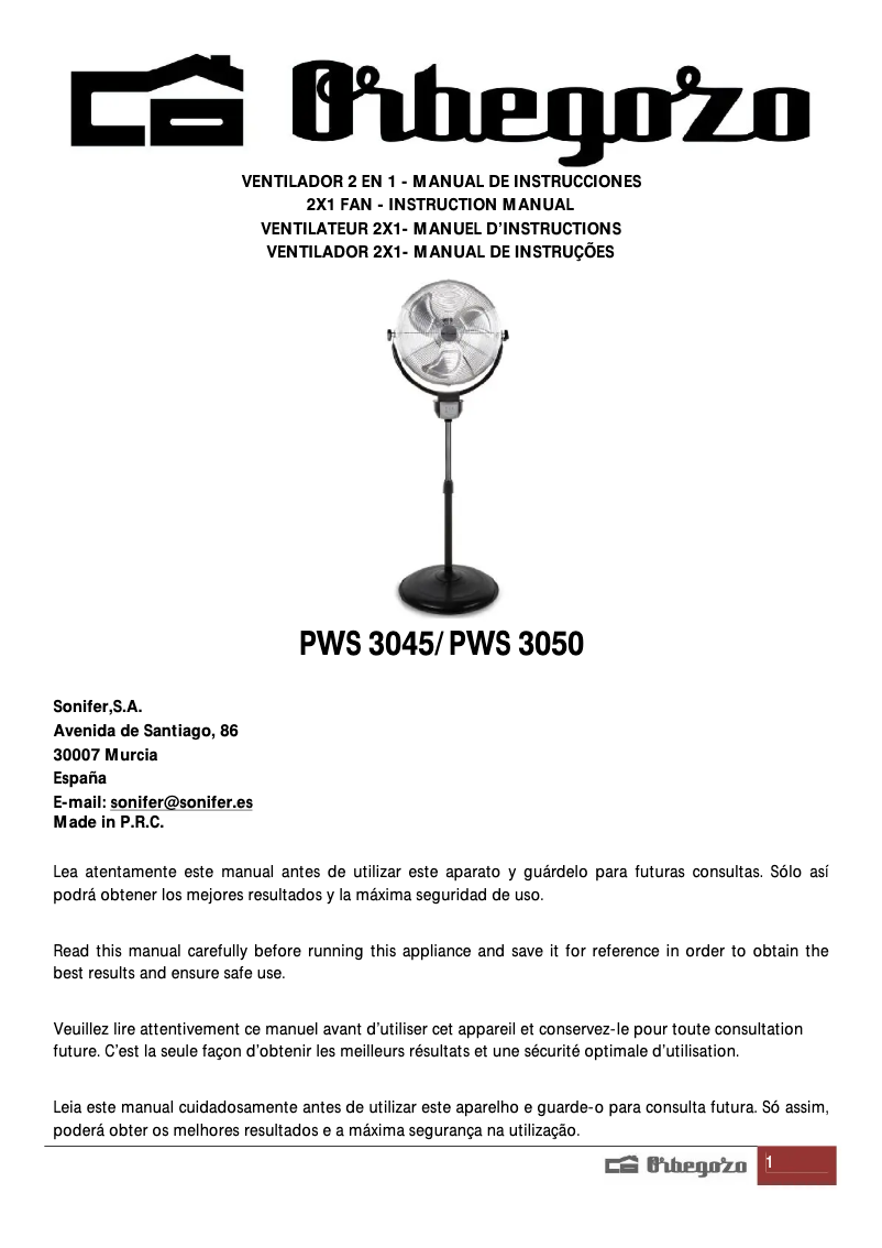 Page n°1 - Manuel utilisateur Orbegozo PWS 3050
