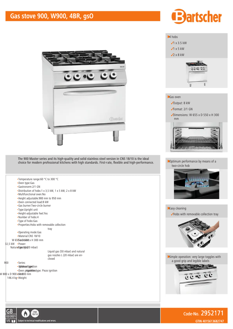 Page 1 de la notice Fiche technique Bartscher 296325