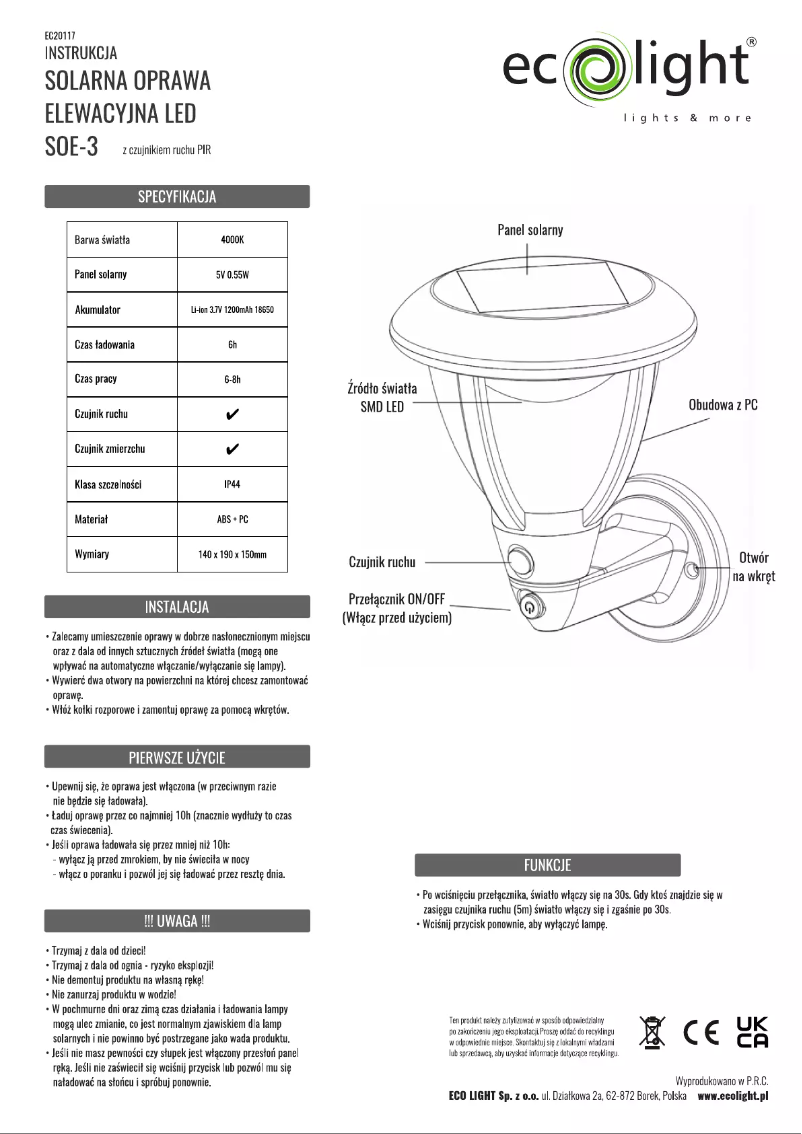 Page 1 de la notice Manuel utilisateur Ecolight SOE-3