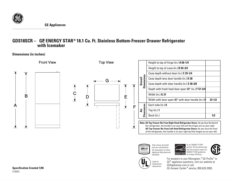 Página 1 del manual Ficha técnica GE GDS18SCRLSS