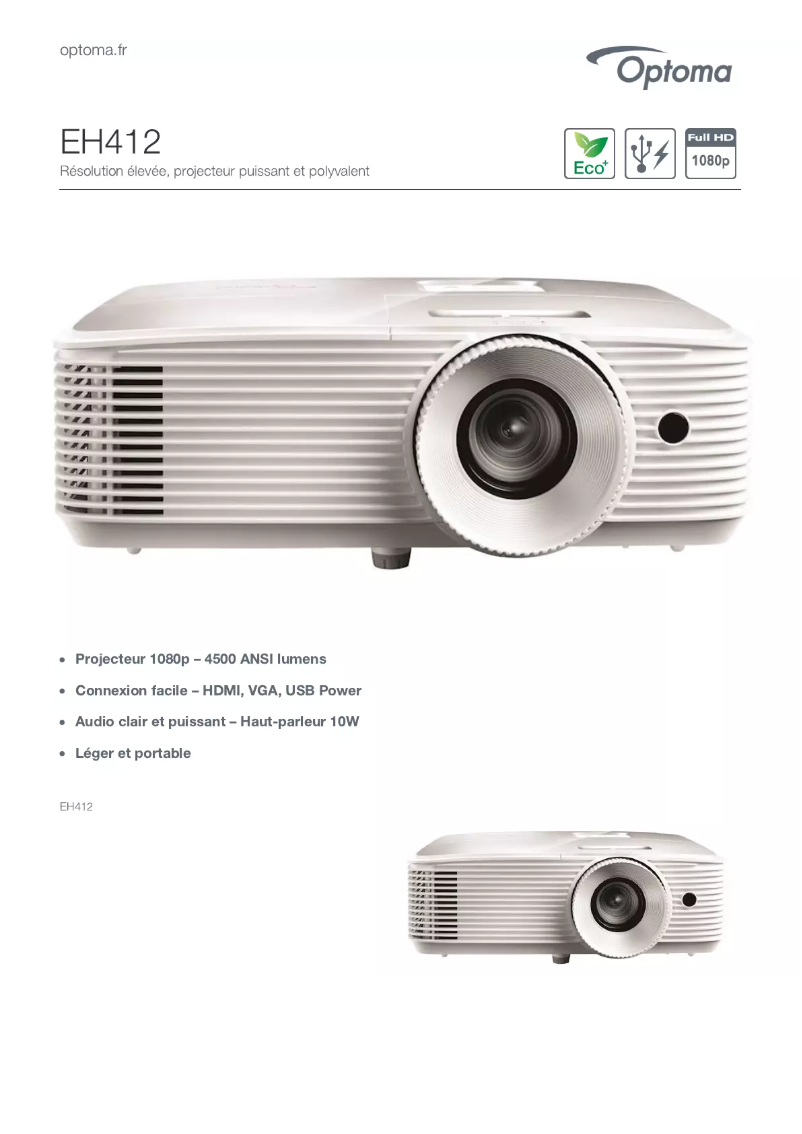 Page 1 de la notice Fiche technique Optoma EH412