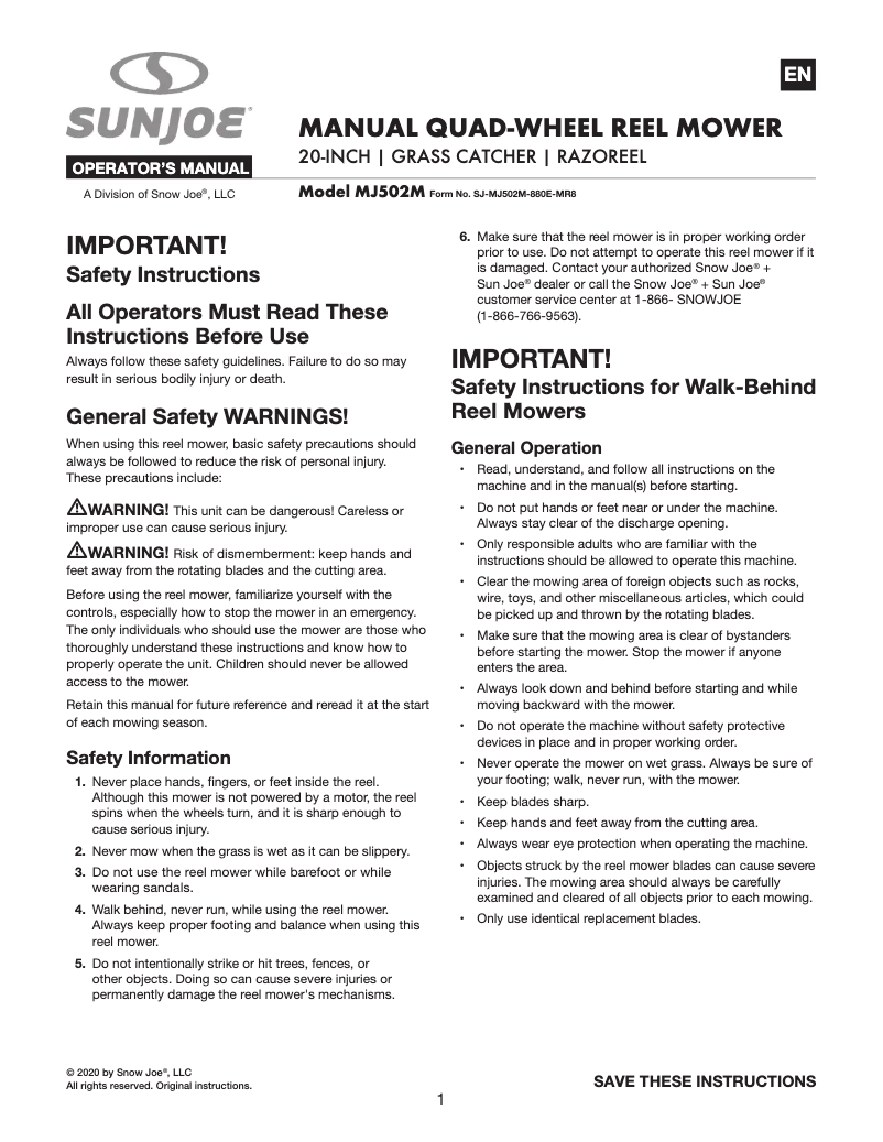 Page 1 of the manual User Manual Sun Joe MJ502M