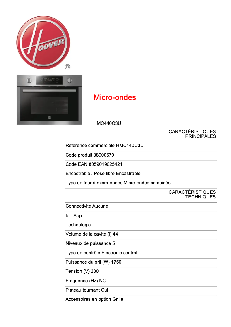 Page 1 de la notice Fiche technique Hoover H-MICROWAVE 300 HMC440C3U-80