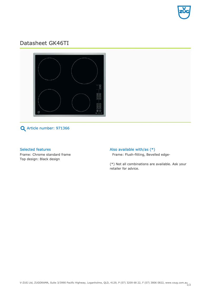 Page n°1 - Fiche technique V-Zug GK46TIC