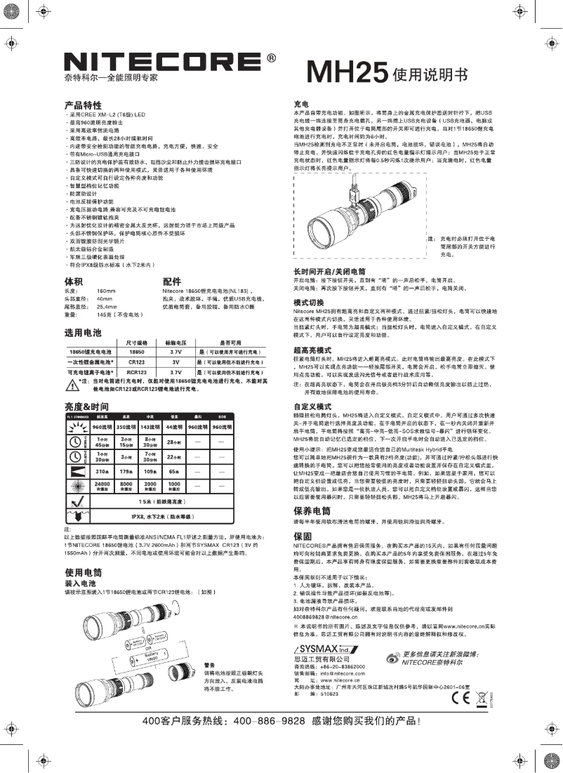 Page 1 de la notice Manuel utilisateur Nitecore MH25