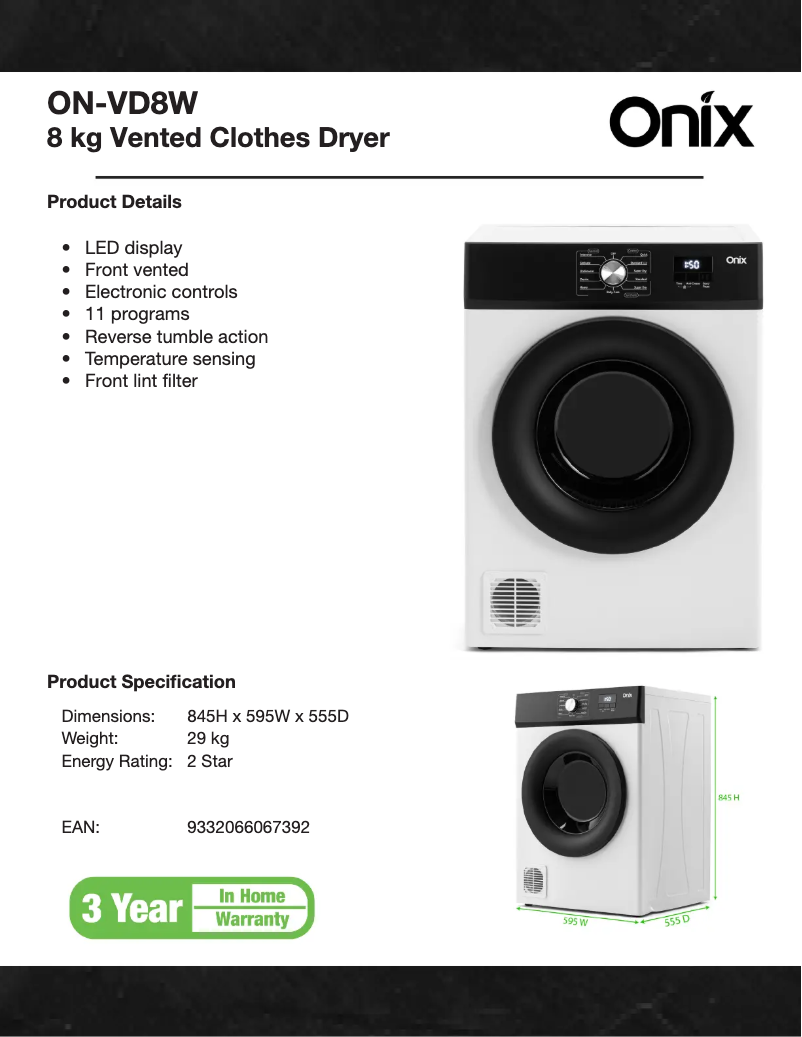 Página 1 del manual Ficha técnica Onix ON-VD8W