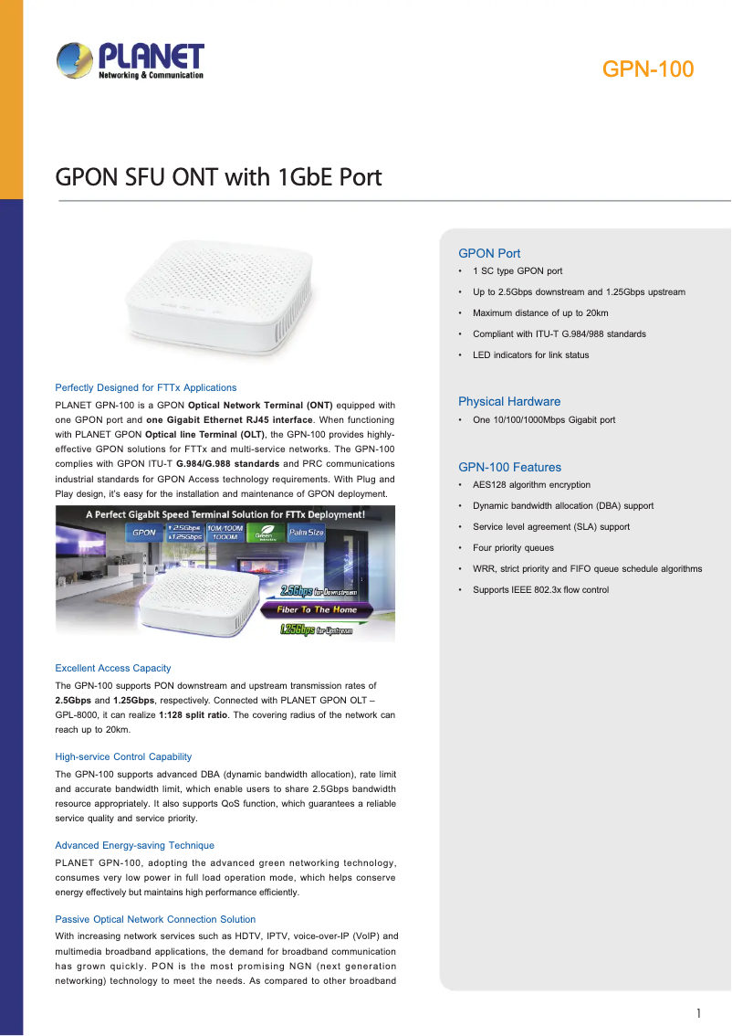 Page n°1 - Fiche technique Planet GPN-100