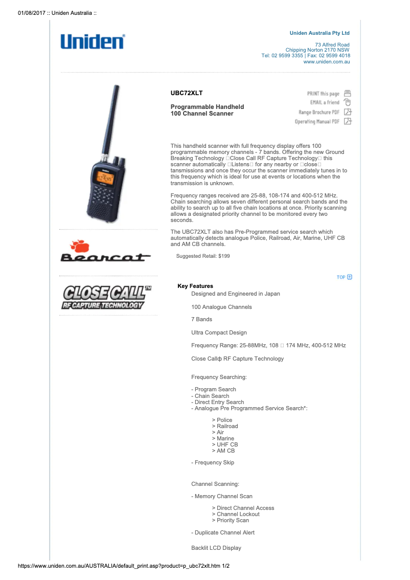 Image de la première page du manuel de l'appareil Bearcat UBC 72XLT
