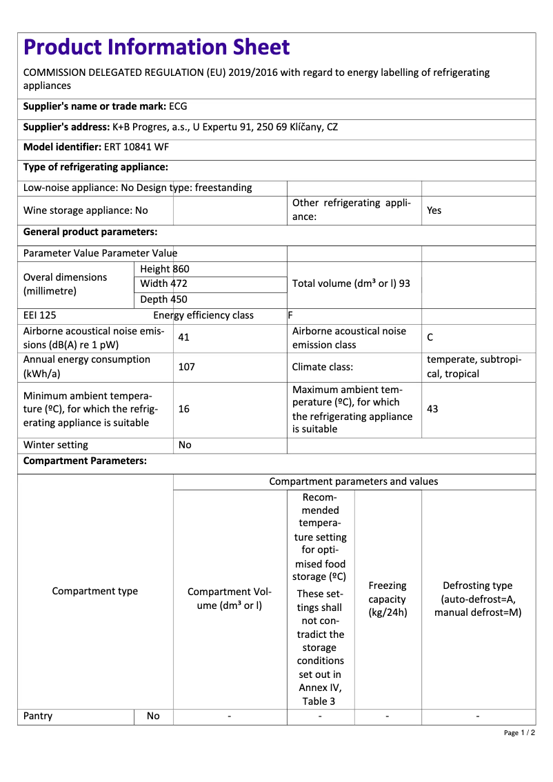 Page 1 of the manual Technical Sheet ECG ERT 10841 WF
