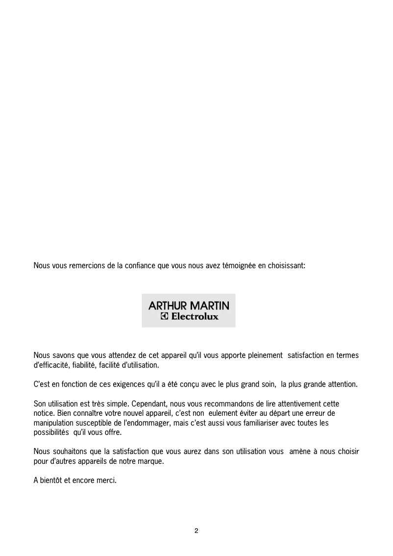 Page 1 de la notice Manuel utilisateur Arthur Martin-Electrolux AWF 1000