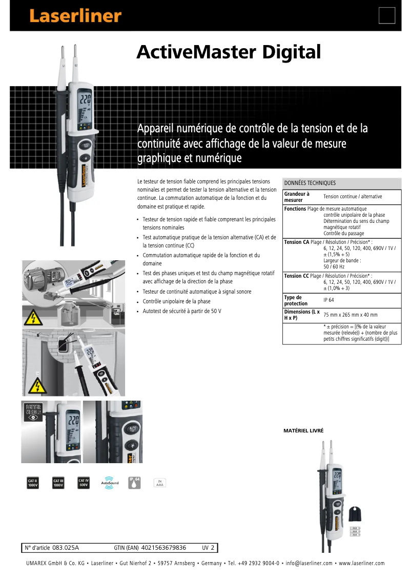 Page 1 de la notice Fiche technique Laserliner ActiveMaster Digital