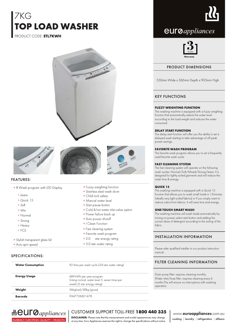 Page n°1 - Fiche technique Euro Appliances ETL7KWH