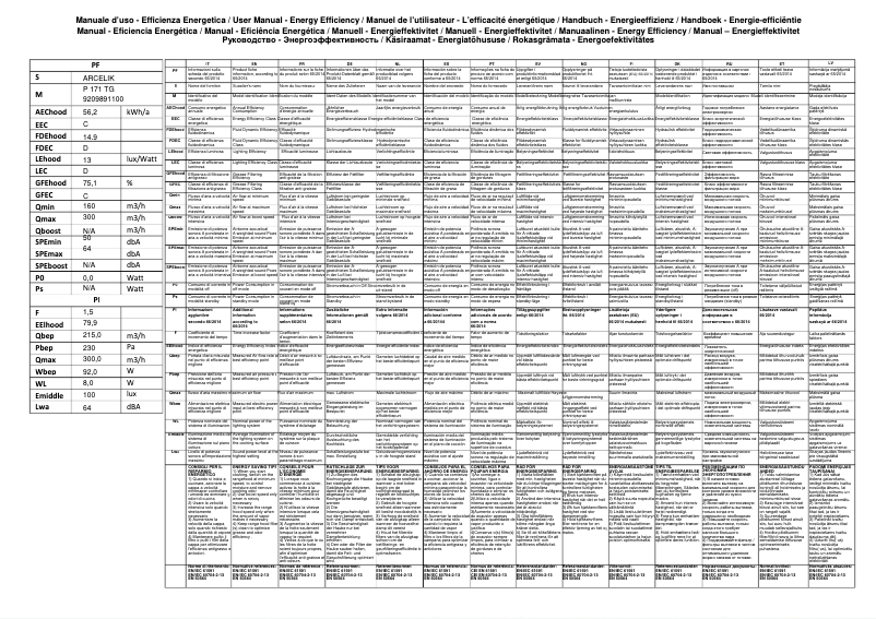 Page n°1 - Fiche technique Arçelik P 171 TG