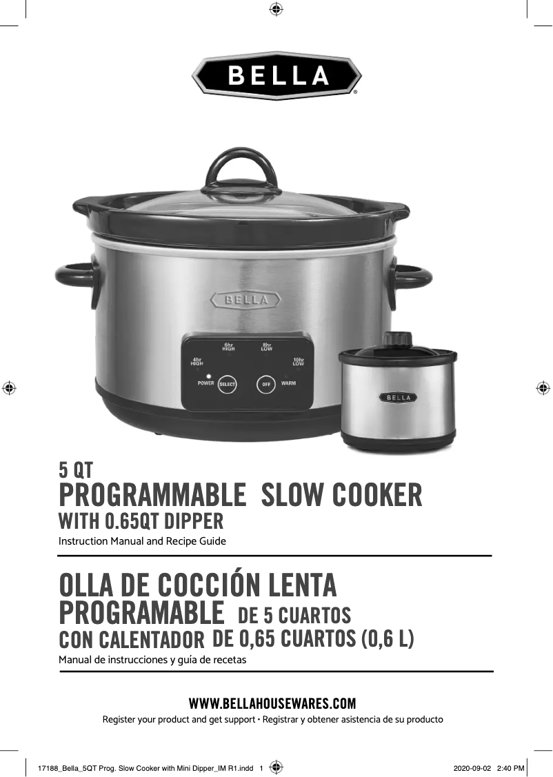 Page 1 de la notice Manuel utilisateur Bella 5qt Programmable Slow Cooker with Dipper