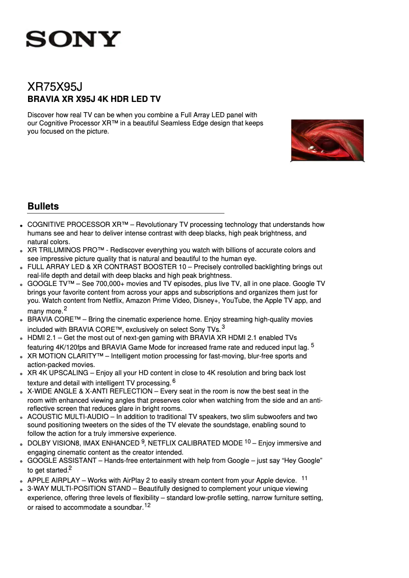 Page n°1 - Fiche technique Sony Bravia XR-75X95J