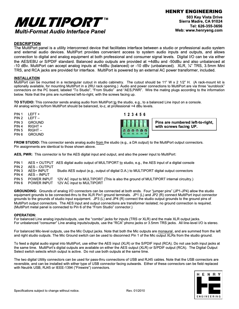 Page n°1 - Manuel utilisateur Henry Engineering MultiPort