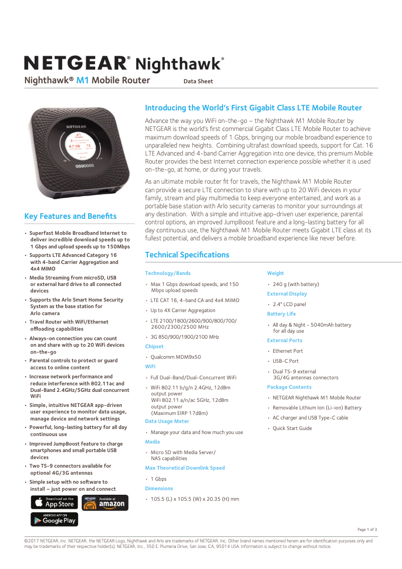 Page 1 de la notice Fiche technique Netgear Nighthawk M1 MR1100