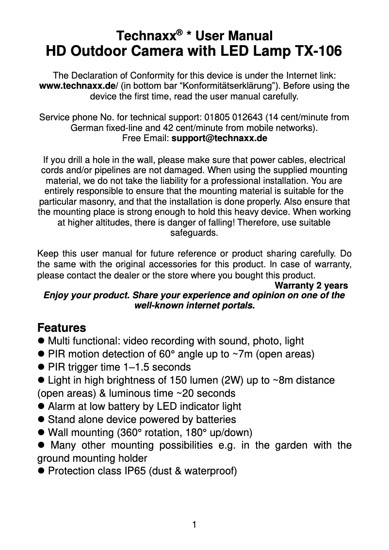 Page 1 de la notice Manuel utilisateur Technaxx TX-106