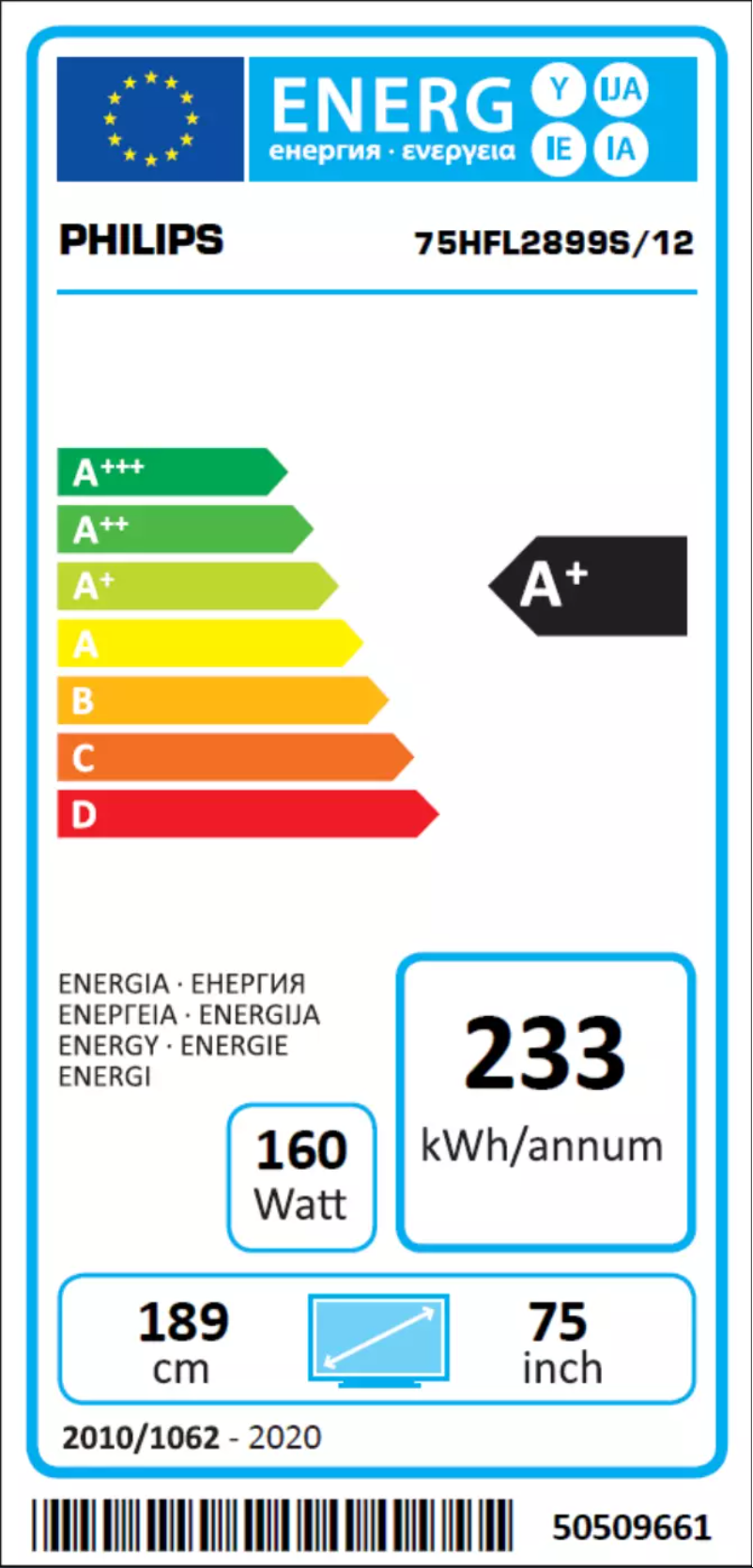 Page 1 de la notice Label énergétique Philips 75HFL2899S