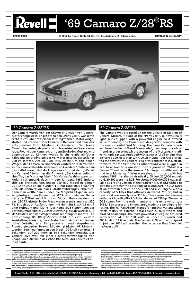 Page n°1 - Manuel utilisateur Revell '69 Camaro Z/28 RS