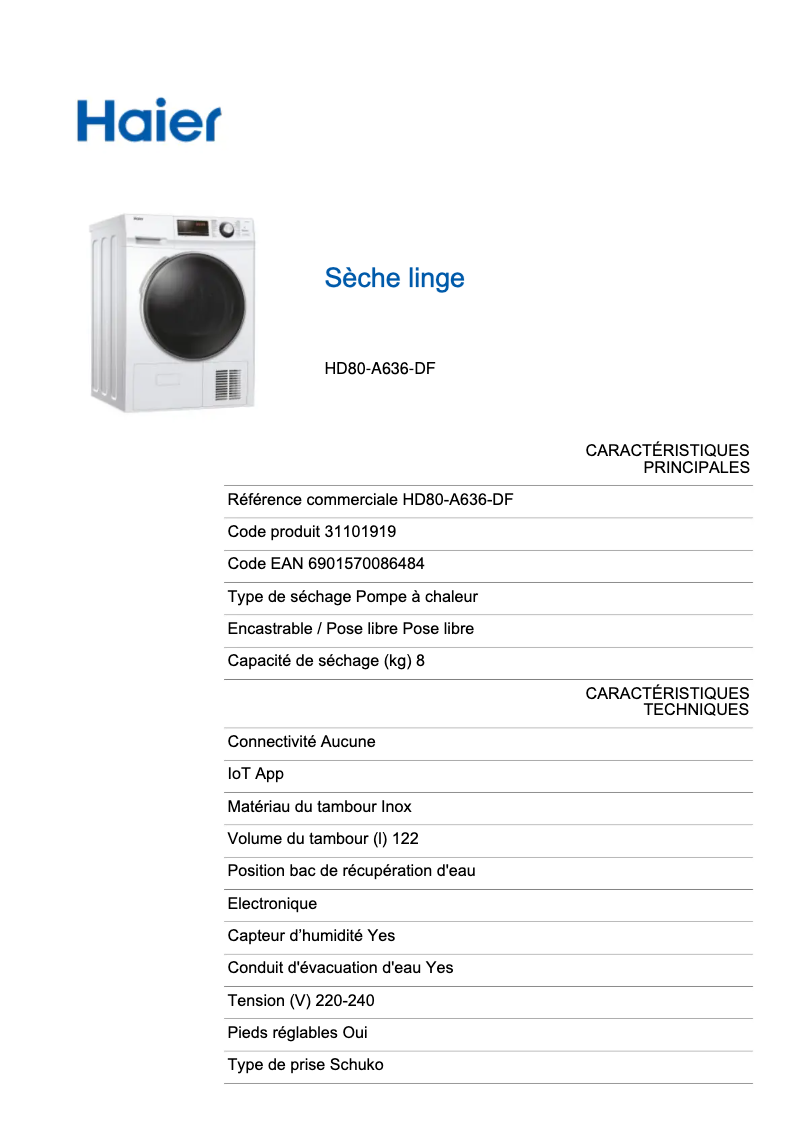 Page 1 de la notice Fiche technique Haier HD80-A636-DF