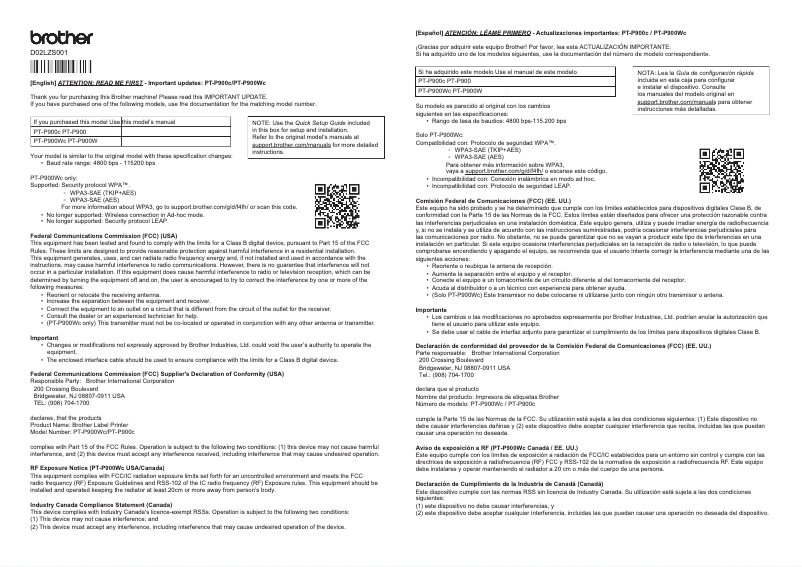 Page 1 de la notice Fiche technique Brother P-Touch PT-P900