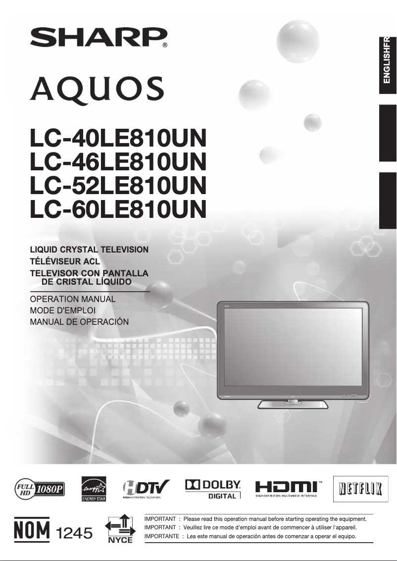 Page 1 de la notice Manuel utilisateur Sharp Aquos LC-52LE810UN
