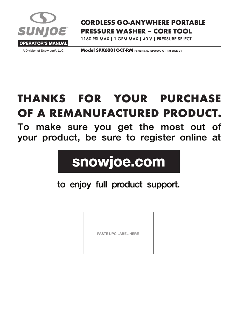 Page n°1 - Manuel utilisateur Sun Joe SPX6001C-CT-RM