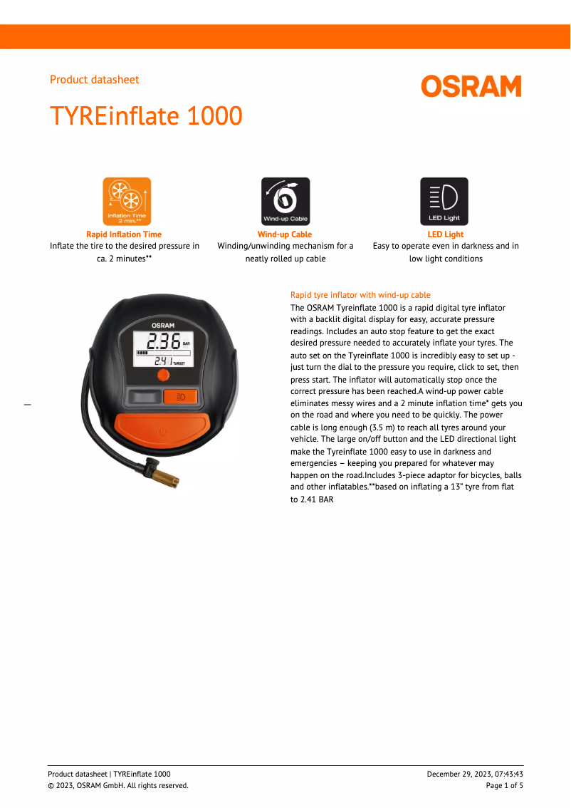 Page 1 de la notice Fiche technique Osram TYREinflate 1000