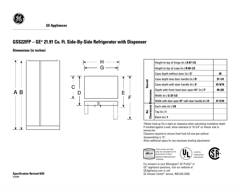 Page 1 de la notice Fiche technique GE GSS22IFPWW