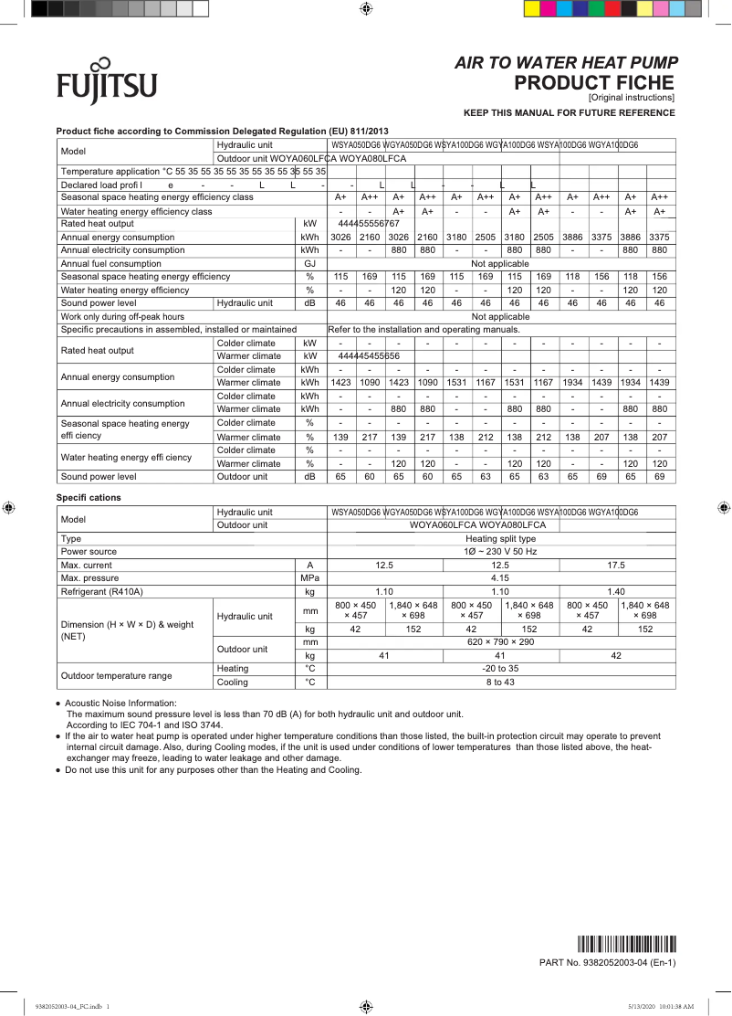 Page 1 de la notice Fiche technique Fujitsu Waterstage WGYA050DG6