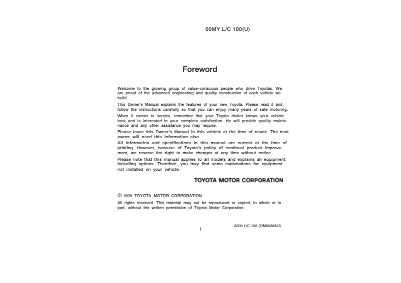 Page 1 de la notice Manuel utilisateur Toyota Land Cruiser (2000)