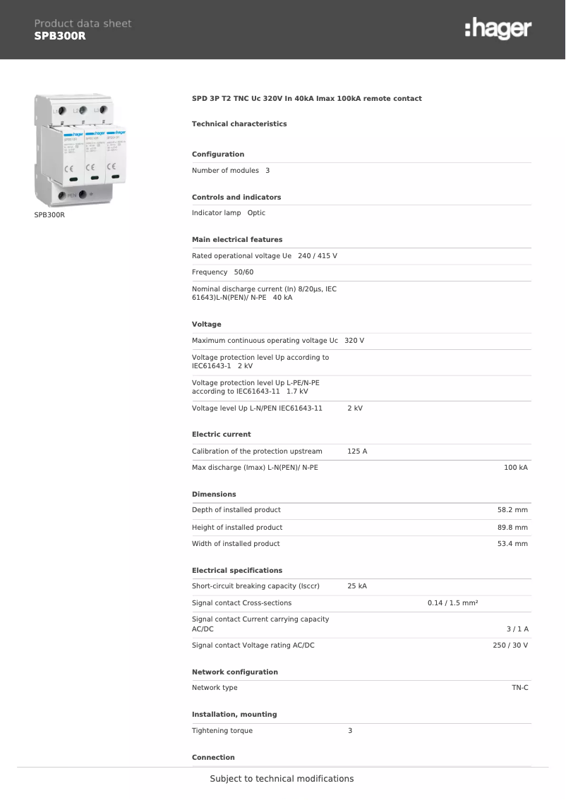 Page 1 de la notice Fiche technique Hager SPB300R
