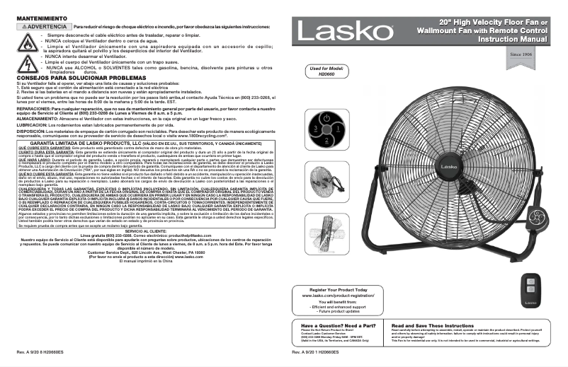 Page 1 of the manual User Manual Lasko H20660