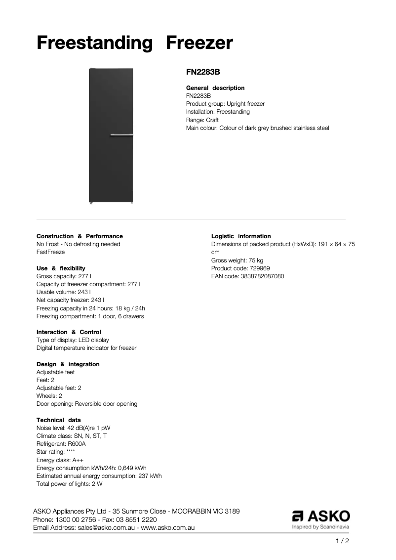 Page 1 de la notice Fiche technique Asko FN2283B