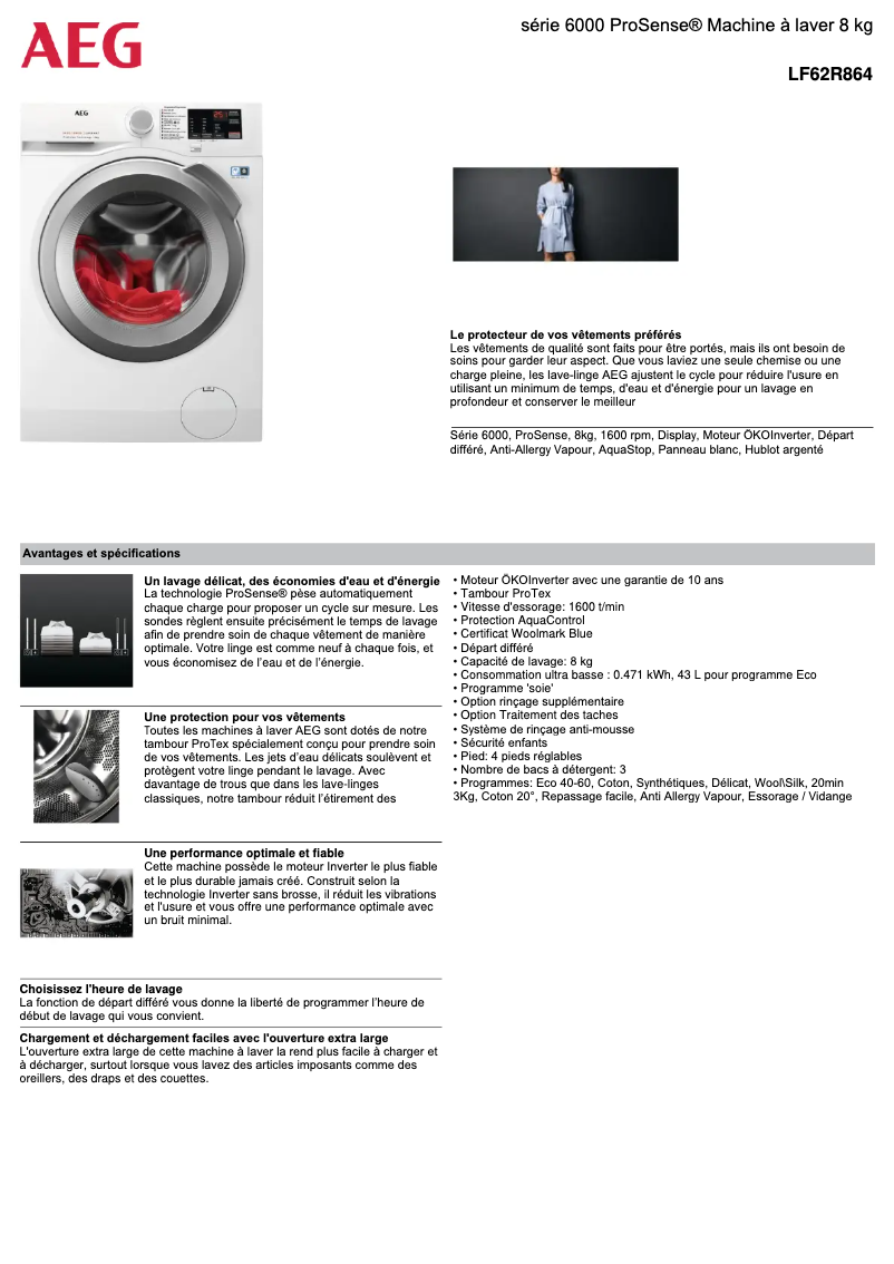 Page 1 de la notice Fiche technique AEG LF62R864